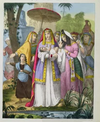 Mojżesz ocalony przez córkę faraona, z biblii wydrukowanej przez Edwarda Govera, lata 70. XIX wieku